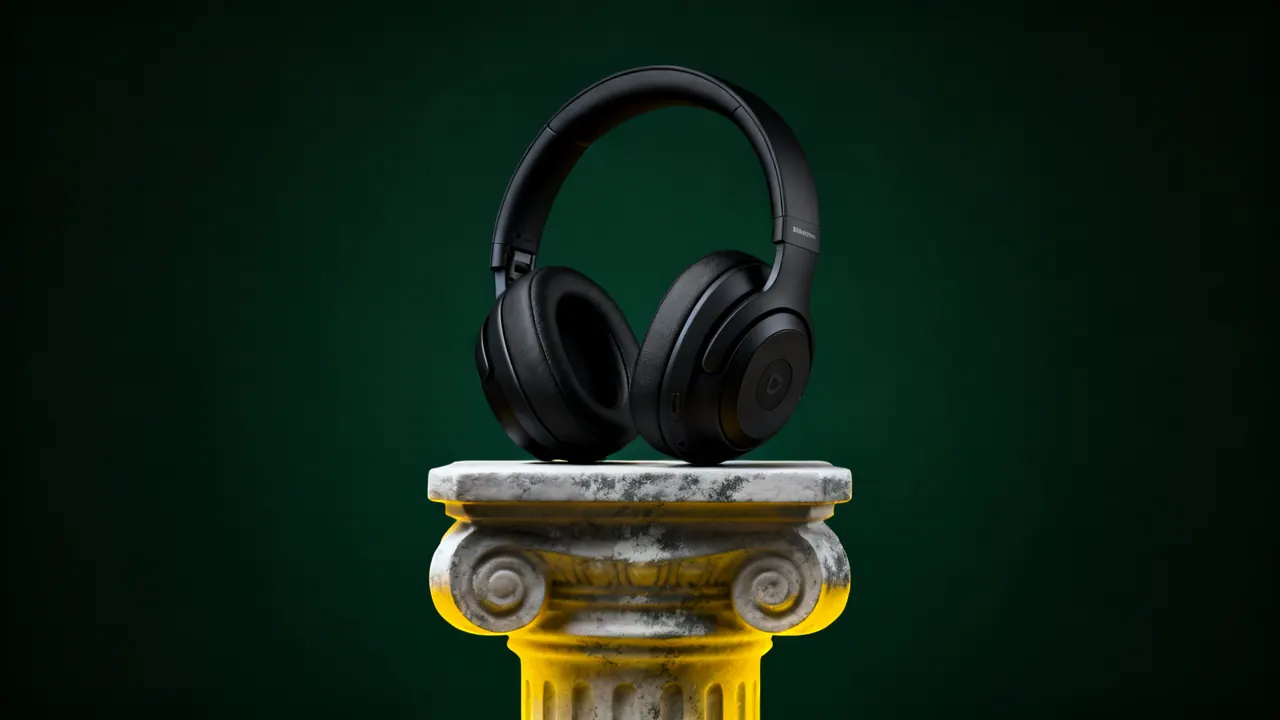 Black headphones on a plinth against deep green