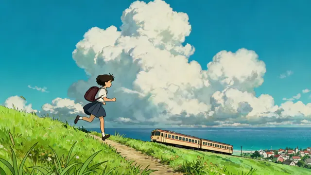 Anime still of a girl running down a hill above a seaside train