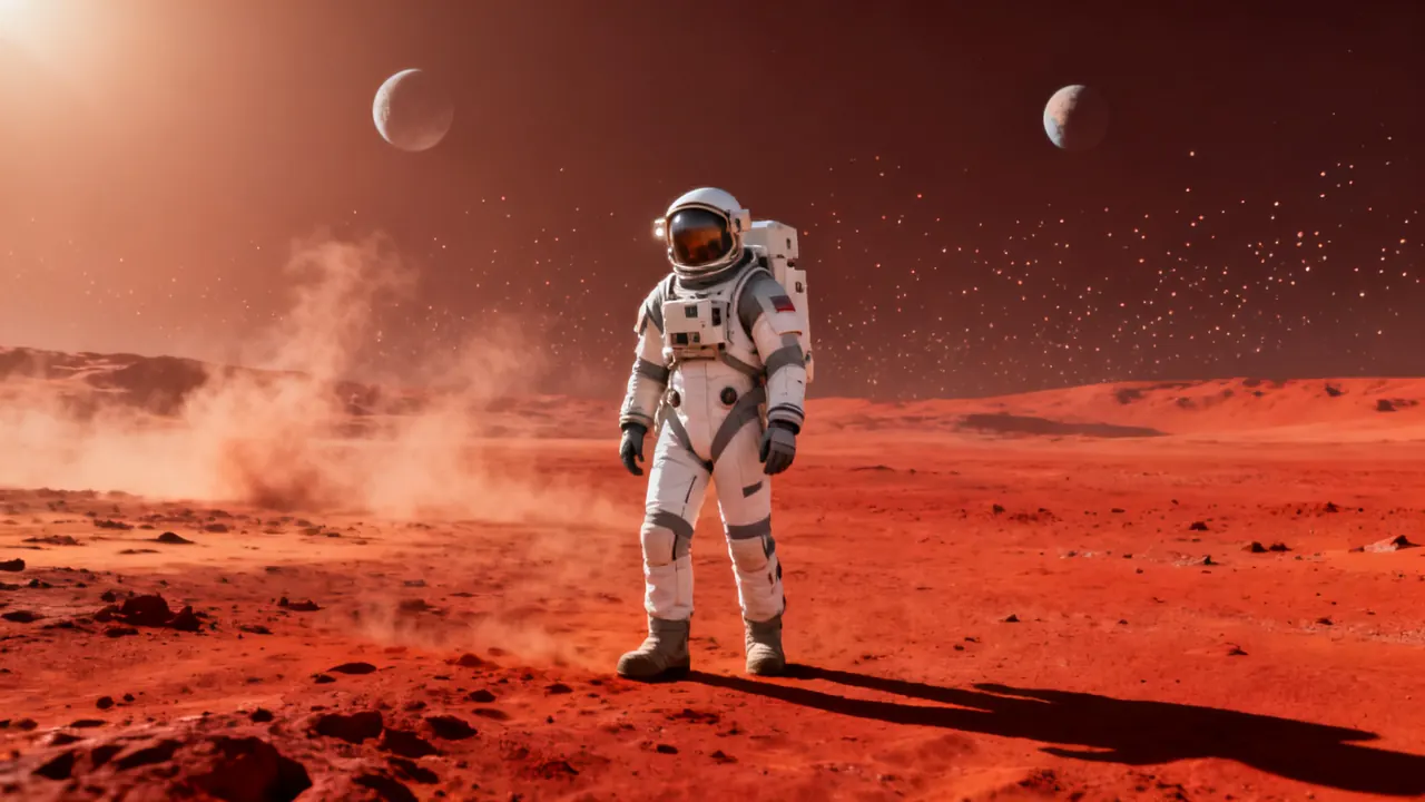 An astronaut on a red desert planet with two moons