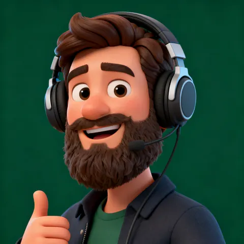 A 3D cartoon avatar of a bearded developer