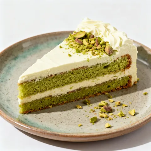A slice of pistachio layer cake