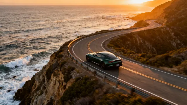 A dark green coupe on a coastal cliff road at sunset