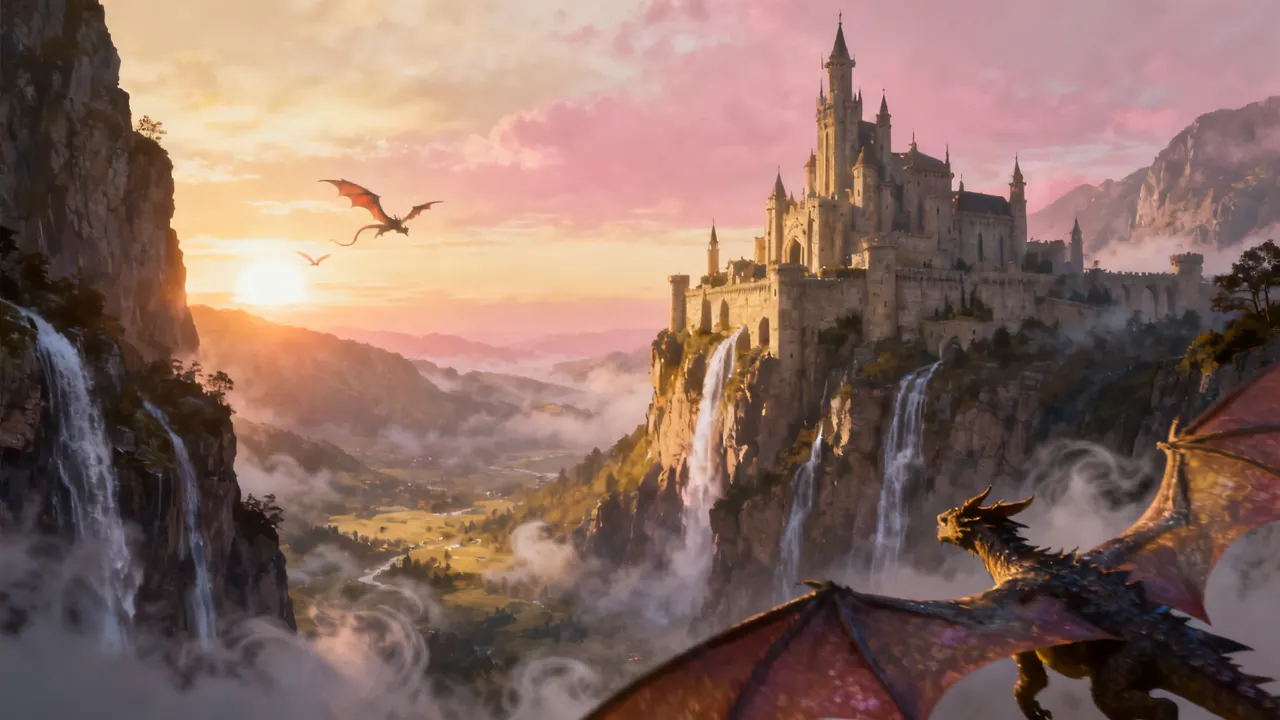 A fantasy castle on a cliff above a misty valley