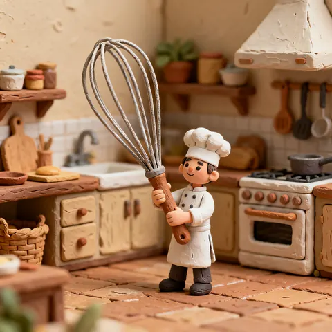 A clay chef holding a giant whisk