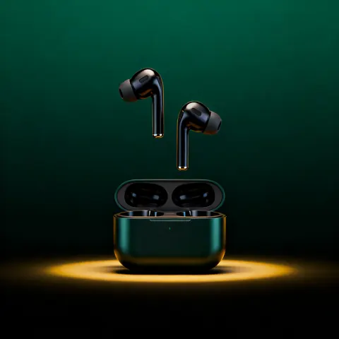 Wireless earbuds in an open case with yellow light streaks
