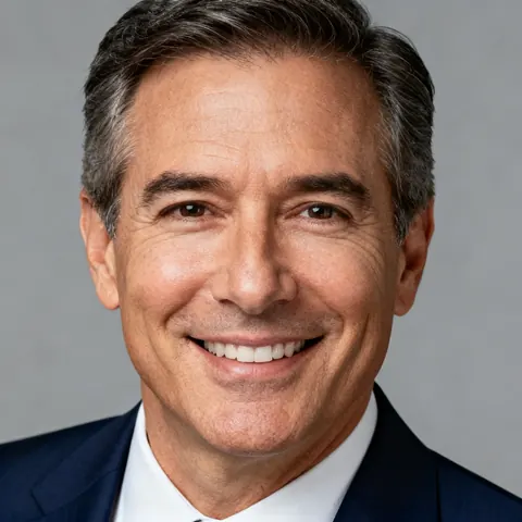 A corporate headshot of a man in a navy suit