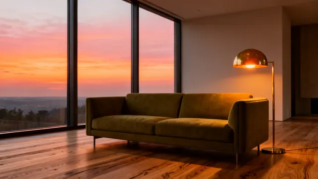 A warm minimal loft with an olive sofa at dusk