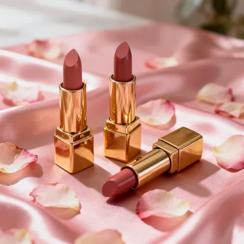 Three gold lipsticks on pink satin