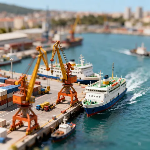A tilt-shift miniature harbour with cranes