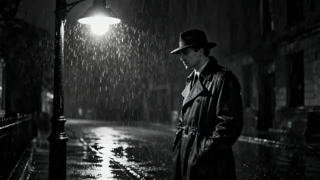 A detective under a streetlamp in black and white
