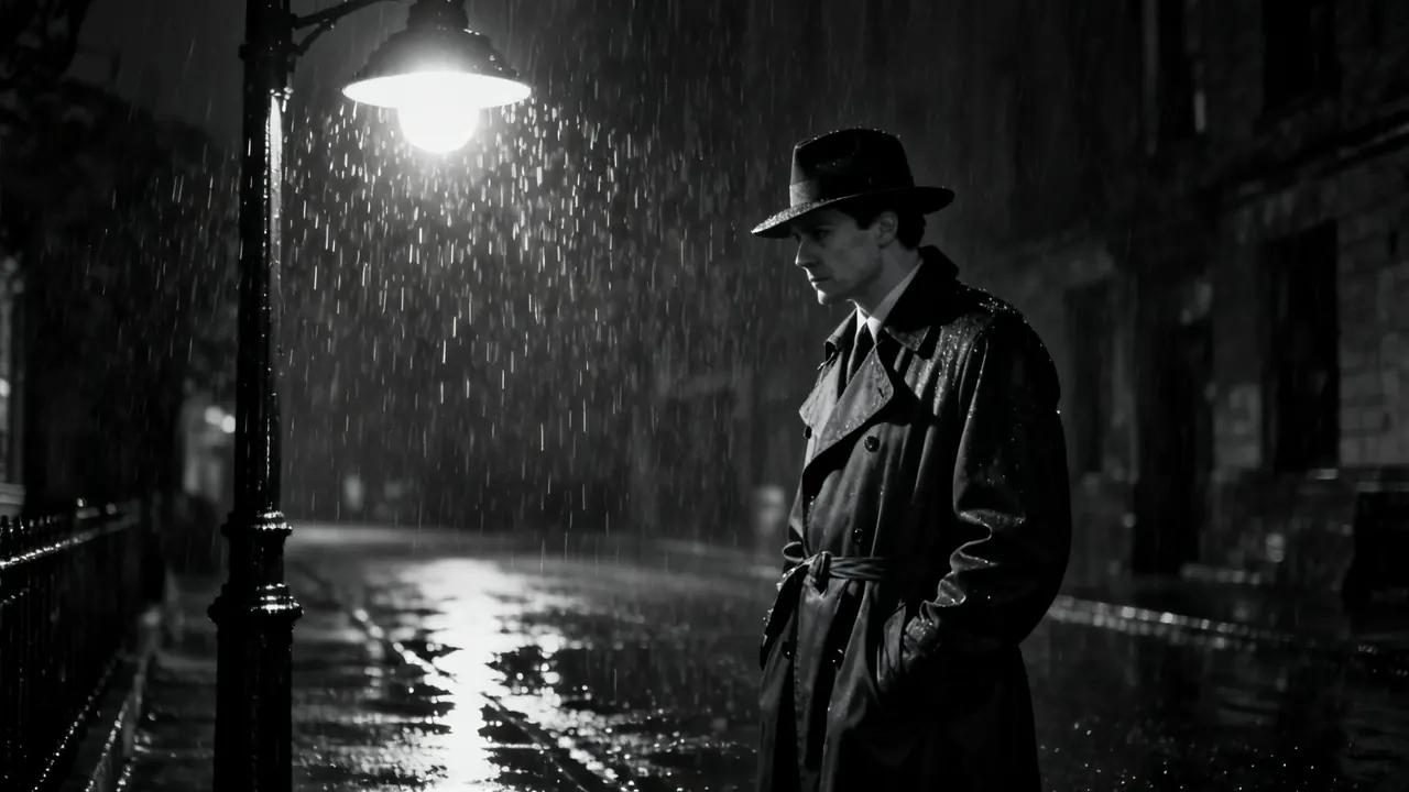A detective under a streetlamp in black and white