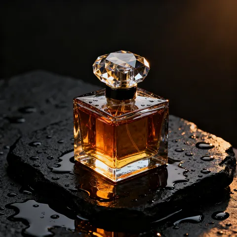 An amber perfume bottle on wet black stone