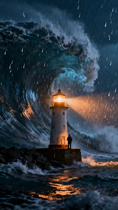 A lighthouse keeper facing a giant storm wave