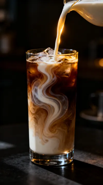 Milk swirling into an iced coffee