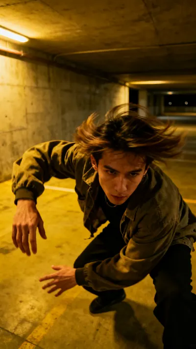 A dancer spinning in a parking garage under sodium light