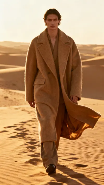 A model in a camel coat walking over desert dunes