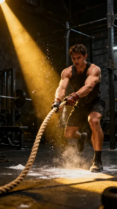 An athlete working battle ropes in a dark gym
