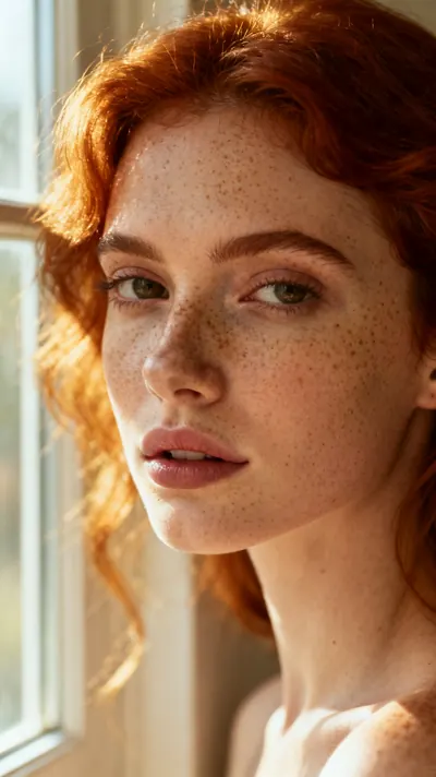 A freckled woman with red hair in window light
