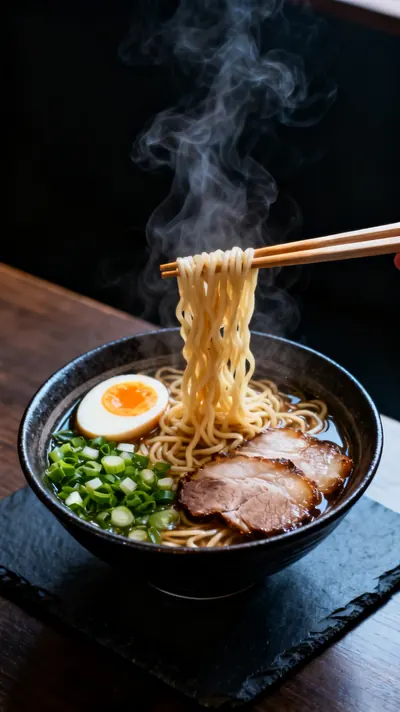 Chopsticks lifting ramen noodles from a steaming bowl
