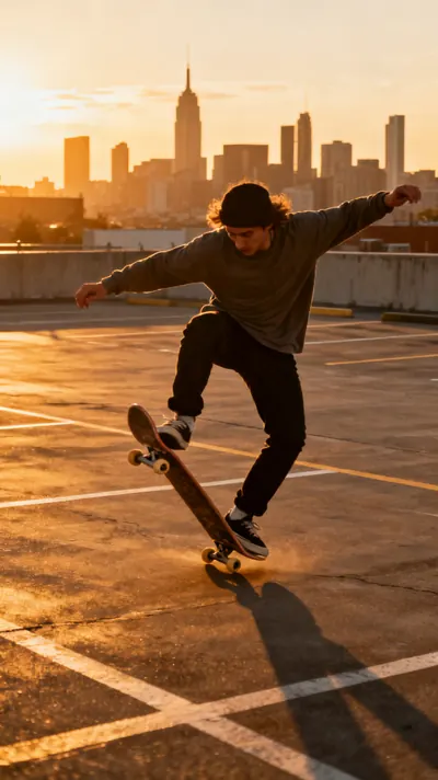 A skater mid-kickflip on a rooftop at sunset