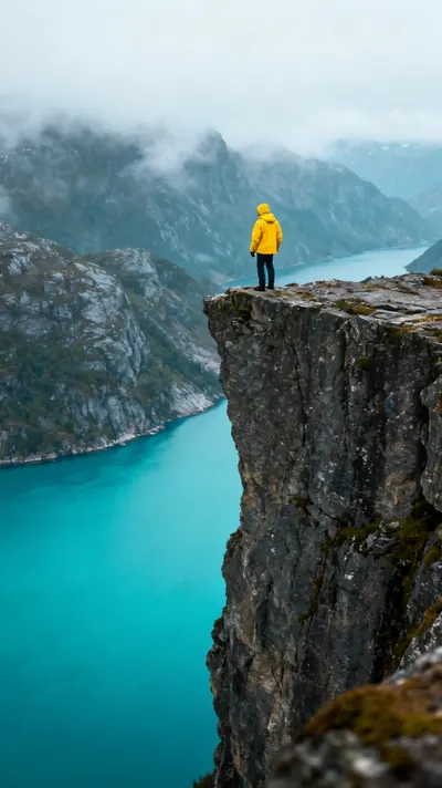 A traveller in a yellow jacket above a turquoise fjord