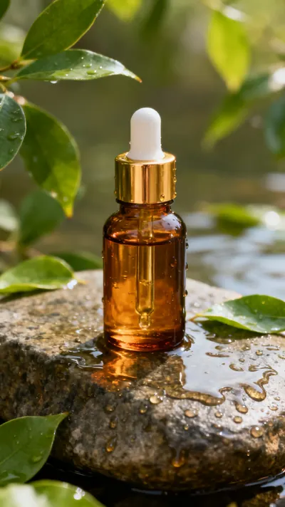 An amber serum bottle on wet stone with leaves