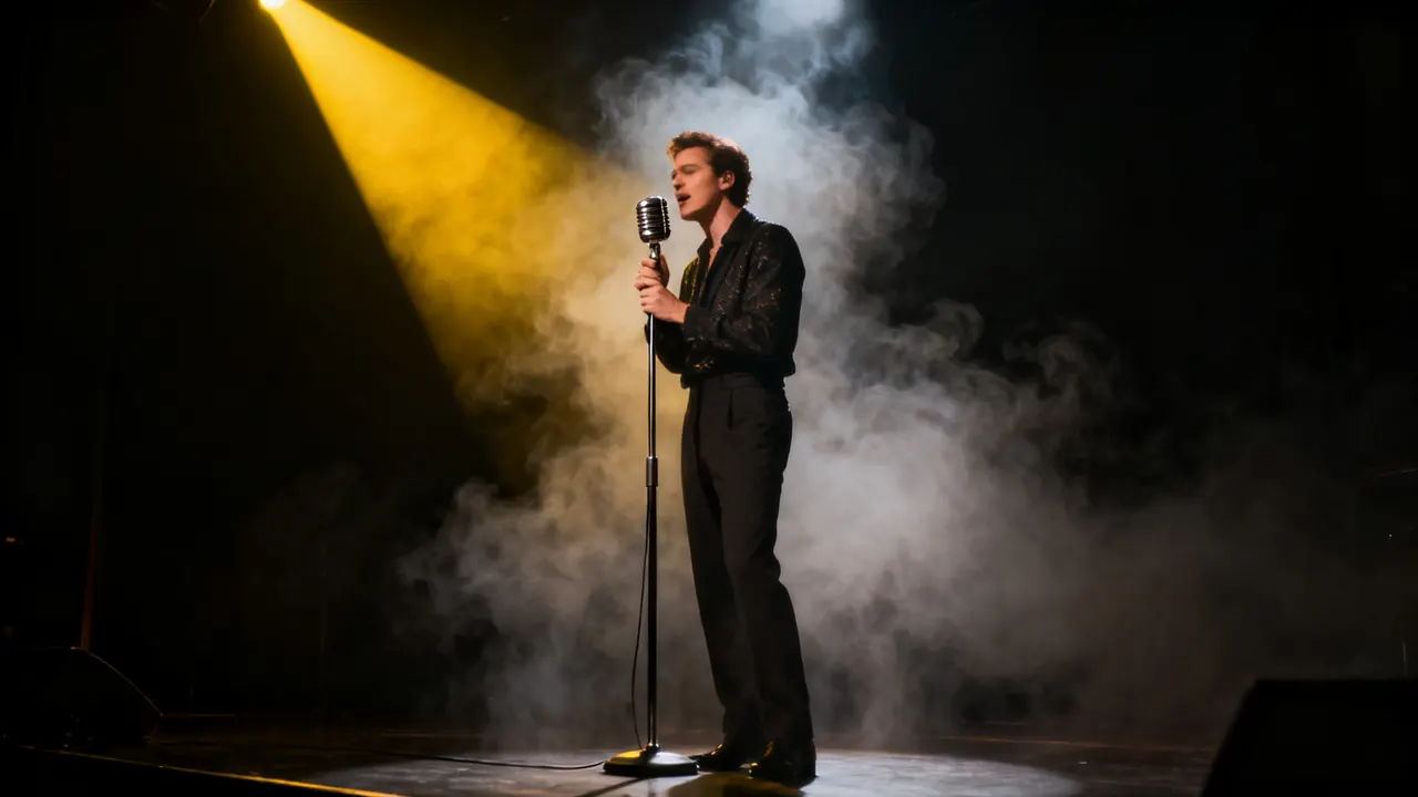 A singer at a vintage microphone in smoke and a yellow spotlight