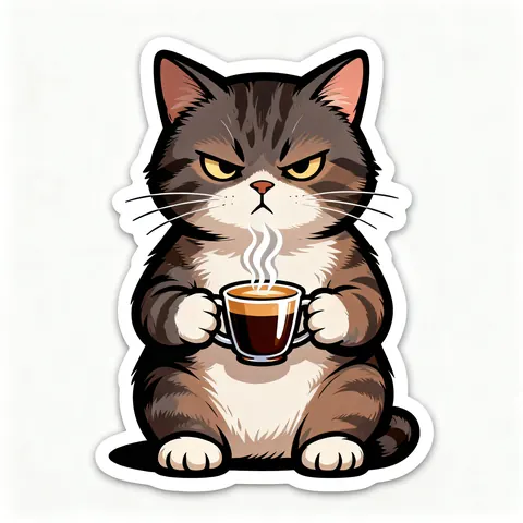 A sticker of a grumpy cat drinking espresso