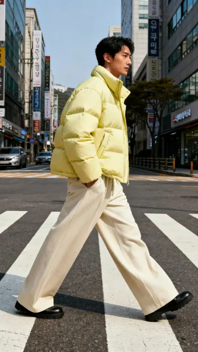 A man in a yellow puffer crossing a street in Seoul