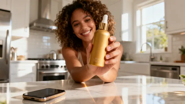 A woman holding up a skincare bottle in a bright kitchen