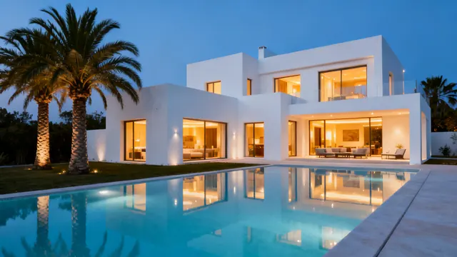 A white villa with an infinity pool at blue hour