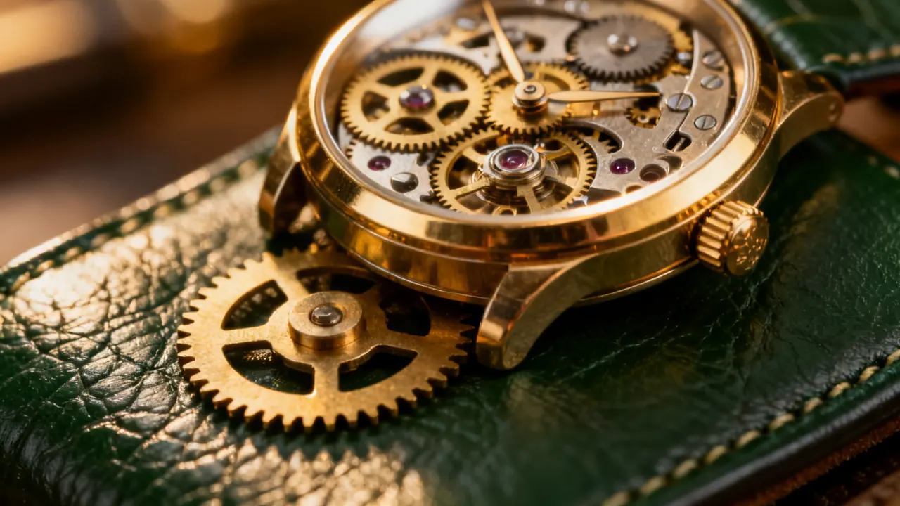 A mechanical watch with exposed gears on green leather